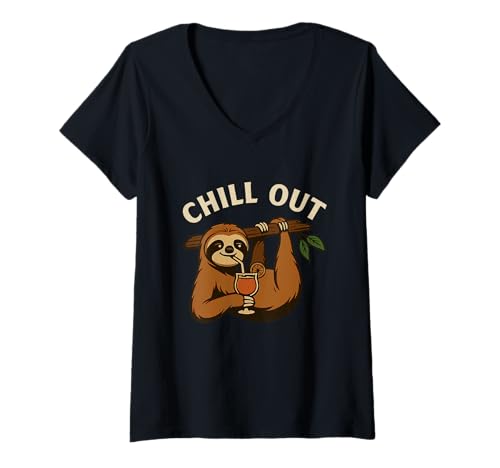 Damen Lustiges Faultier Entspannendes Chill Out Beach Grafikdesign T-Shirt mit V-Ausschnitt Damen Lustiges Faultier Entspannendes Chill Out Beach Grafikdesign T-Shirt mit V-Ausschnitt von Lazy Vibes Tropical Animal Graphic Apparel