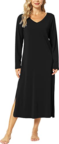 LazyCozy Damen Bambus Nachthemd Langarm Nachthemd Bequem Winter Nachtwäsche Langes Schlafkleid, B-schwarz, X-Large von LazyCozy