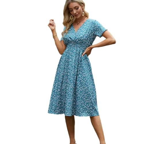 Damen Sommerkleid Elegantes A Linie Kleid Minikleid Knielang Kleid Damen Kurzarm Tunikakleid für Sommer Strand von Lazz1on