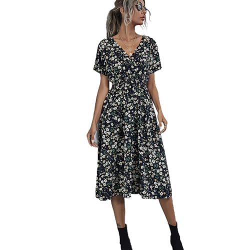 Damen Sommerkleid Elegantes A Linie Kleid Minikleid Knielang Kleid Damen Kurzarm Tunikakleid für Sommer Strand von Lazz1on