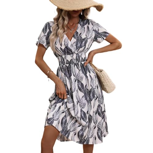 Damen Sommerkleid Elegantes A Linie Kleid Minikleid Knielang Kleid Damen Kurzarm Tunikakleid für Sommer Strand von Lazz1on