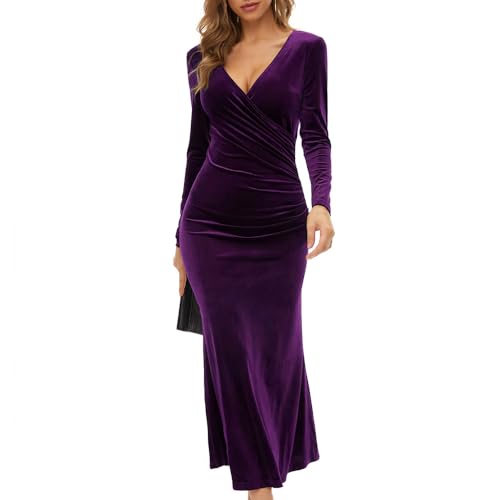 Lazz1on Damen Samtkleid Bodycon Kleid Lange Ärmel Cocktailkleid Elegant Festlich Abendkleid Vintage Party Maxi Kleid von Lazz1on