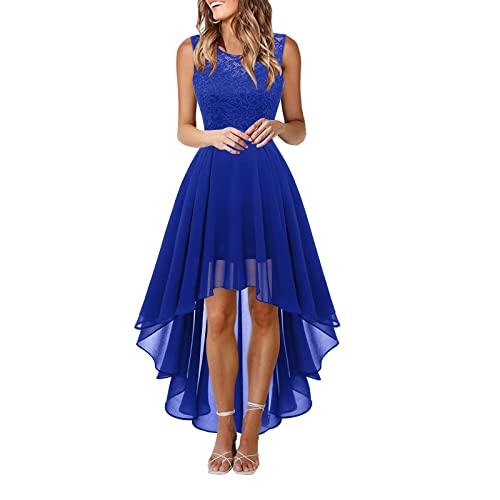 Lazzboy Abendkleider Elegant Für Hochzeit Frauen Spitzenkleid Bogen Gürtel Elegantes Kleid Mit Unregelmäßiger Länge ärmelloses Chiffonkleid Brautjungfern Cocktailpartykleid (Blau,3XL) von Lazzboy Store