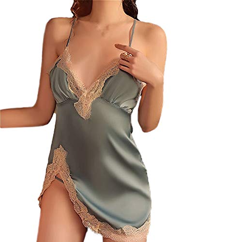 Lazzboy Dessous Set Für Damen Kurz Nachtwäsche Nachthemd Sleepwear Lingerie Spitze-BH Mit String Frauen Unterwäsche Tief V Imitation Seide Stitching Spitze Kleidung (Minzgrün,M) von Lazzboy Store