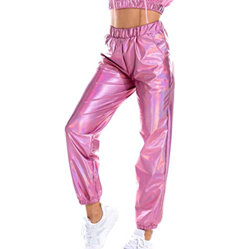 Lazzboy Jogginghose Damen Holographic Streetwear Club Cool Glänzend Causal Hosen Sporthose Lang Yoga Freizeithose Laufhosen High Waist Trainingshose S-2XL (Rosa,XL) von Lazzboy Store