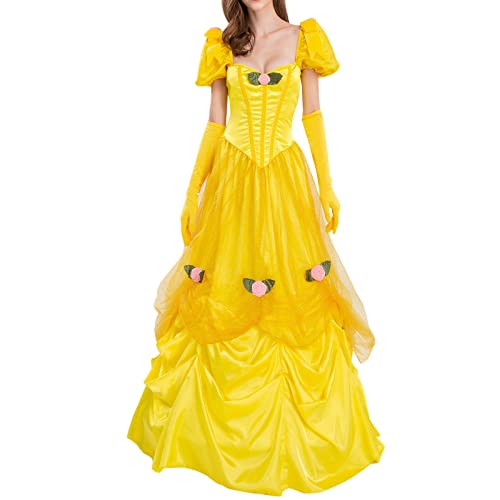 Lazzboy Karneval Kostüm Damen Cosplay Kostüme Kleid Fasching Karneval Kostüm Prinzessin Frauen Maxikleid Mit Handschuhe Märchen Cosplay Verkleidung 2tlg Set Outfits (Gelb,M) von Lazzboy Store