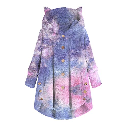 Lazzboy Mantel Damen Winter Winterjacke Tie-dye Frauen Plüschtasche Krawatte Gefärbt Katzenohren Dicker Outwear Jacke Mit Kapuze Taschen Vintage Oversize Coats (Blau,2XL) von Lazzboy Store