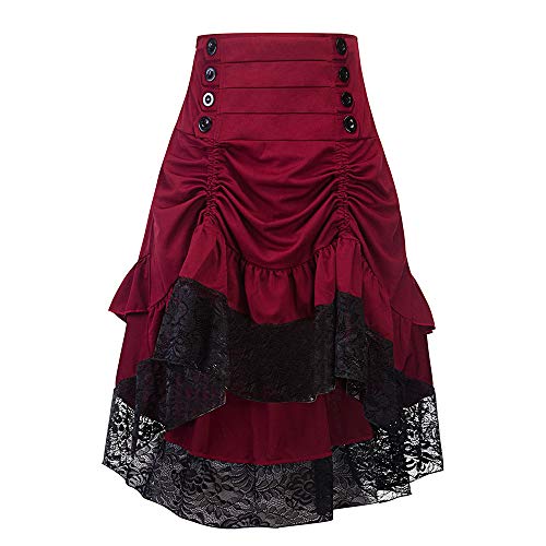 Lazzboy Rock Damen Kurz Gothic Frauen Spitze Nähen Reißverschluss Unregelmäßige Retro Frauenrock High Taille Minirock Patchwork Mesh Garn Blumenkleid Nacht Clubwear (Rot,L) von Lazzboy Store