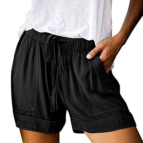 Lazzboy Store Freizeithose Shorts Damen Leinenshorts Lockere Kurze Hose Haremshose Mit Knöpfen Sommer Strand Frauen Plus Size Bequeme Elastic Waist Pocket Loose Hosen S-5XL(Schwarz,5XL) von Lazzboy Store