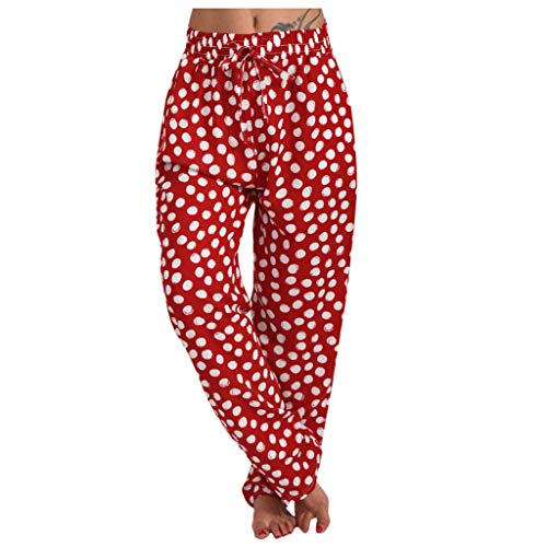 Lazzboy Store Haremshose Damen Mit Gesmoktem Bund Gedruckt Aladin Rose Bunt Boho Hosen Frauen Lässig Plus Size Print Elastische Taille Kordelzug Gerade Lose Lange(Rot,2XL) von Lazzboy Store