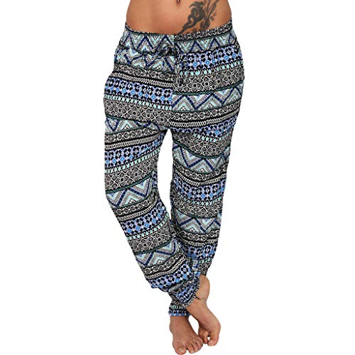 Lazzboy Store Haremshose Damen Mit Gesmoktem Bund Gedruckt Bunt Boho Hosen Frauen Plus Size Print Elastische Taille Kordelzug Gerade Lose Lange(Blau,S) von Lazzboy Store