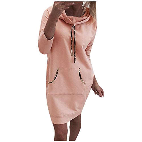 Lazzboy Store Herbstkleid Damen Frauen Hoodie Langarm Lang Solid Color Jumper Pullover Sweatshirt Hooded Dress Bodycon Kapuzenpullover Tunika Longshirt Kleider (Rosa,2XL) von Lazzboy Store