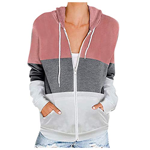 Lazzboy Store Hoodie Damen Full Reißverschluss Langarm Kapuze Sweatshirt Tasche Jacke Kapuzenjacke Sweatjacke Farbblock Kapuzenpullover Kapuzenpulli Pullover Mit Taschen (Rosa,XL(40)) von Lazzboy Store