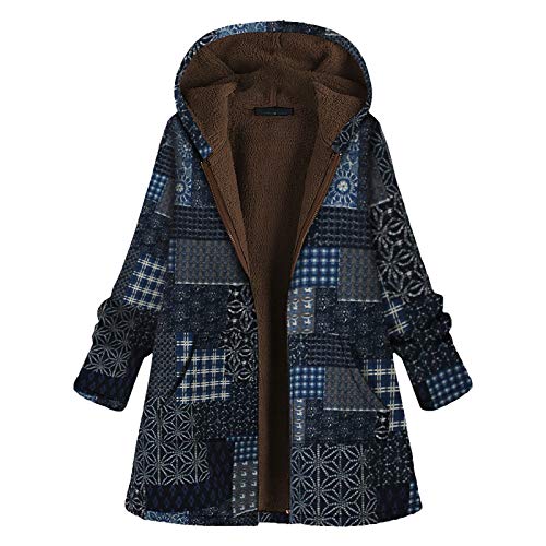Lazzboy Store Jackenmantel Damen Lang Vintage Blumen Print Hooded Plus Size Langarm Winter Warm Dicker Outwear Mantel Jacke Mit Kapuze Taschen Oversize Coats Wintermantel (Blau，3XL) von Lazzboy Store