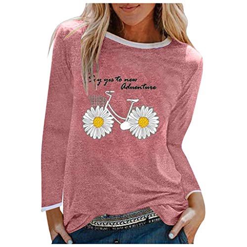 Lazzboy Store Langarmshirts Für Damen Gänseblümchen Druck Langarm T-Shirt Frauen Tunika Bluse Tops Kurzarm Rundhals Drucken Lose Oberteile Basic Shirts Oberteil(Rosa,3XL) von Lazzboy Store