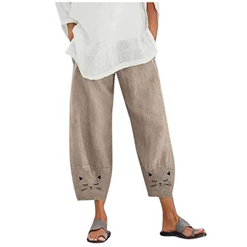 Lazzboy Store Sommerhose Katze Gedruckt Elastic Waist Pants Hose Damen Leichte Haremshose Loose Uni Farben Yogahose Bequemer Frauen Freizeithose Jogginghose Trousers Hippie(Khaki,3XL) von Lazzboy Store