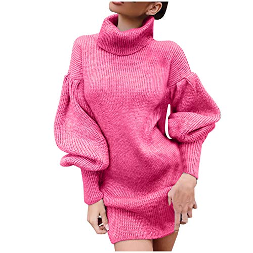 Lazzboy Store Strickkleider Für Damen Rollkragenpullover Kleider Frauen Solid Lantern Ärmel Langarm Pullover Kleid Pullikleid Stretch Pulloverkleid Herbstkleid Winterkleid (Pink,M) von Lazzboy Store