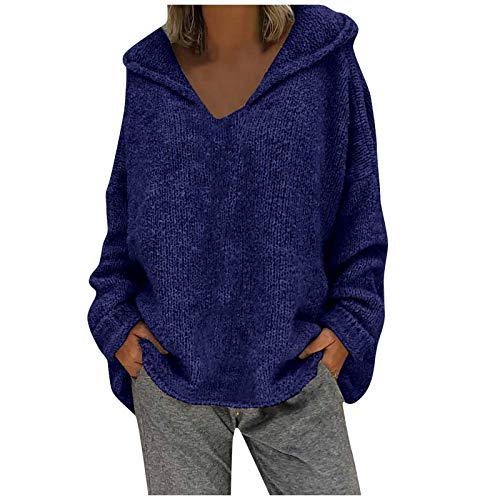 Lazzboy Store Strickpullover Damen Hoodie Kapuzenpullover Stricken Strickwolle Frauen Pullover Lose Große Einfarbige Kapuze Mit Langen Ärmeln Sweatshirts (Marine,L) von Lazzboy Store