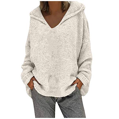 Lazzboy Store Strickpullover Damen Hoodie Kapuzenpullover Stricken Strickwolle Frauen Pullover Lose Große Einfarbige Kapuze Mit Langen Ärmeln Sweatshirts (Weiß,M) von Lazzboy Store