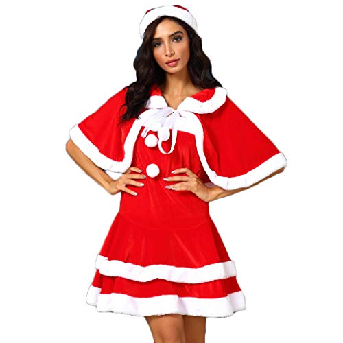 Lazzboy Store Weihnachtskleider Kleid Frauen Ballkleid Roten Umhang Hut Set Party Damen Weihnachtsmann Kostüm Samt Miss Santa Claus Langarm Weihnachtsfrau Midi Tunika (Rot,2XL) von Lazzboy Store