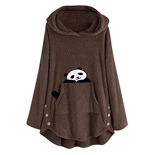 Lazzboy Winterjacke Frauen Fleece Hund Panda-Stickerei Plus Size Hoodie Pocket Pullover Tops Damen Herbst Winter Bequem Jacke Knopf Mantel Flauschige Mit Kapuze Lose (Kaffee,5XL) von Lazzboy Store