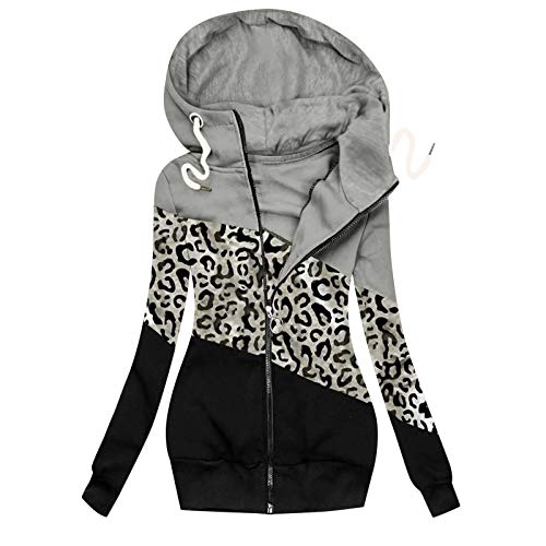 Lazzboy Winterjacke Frauen Winter Leopard Prints Patchwork Jacke Reißverschluss Sweatshirt Langarm Mantel Hoodie Damen Oversize Sweatjacke Hoher Kragen S-3XL (Grau,M) von Lazzboy Store