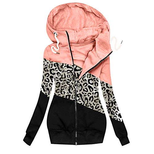 Lazzboy Winterjacke Frauen Winter Leopard Prints Patchwork Jacke Reißverschluss Sweatshirt Langarm Mantel Hoodie Damen Oversize Sweatjacke Hoher Kragen S-3XL (Rosa,3XL) von Lazzboy Store