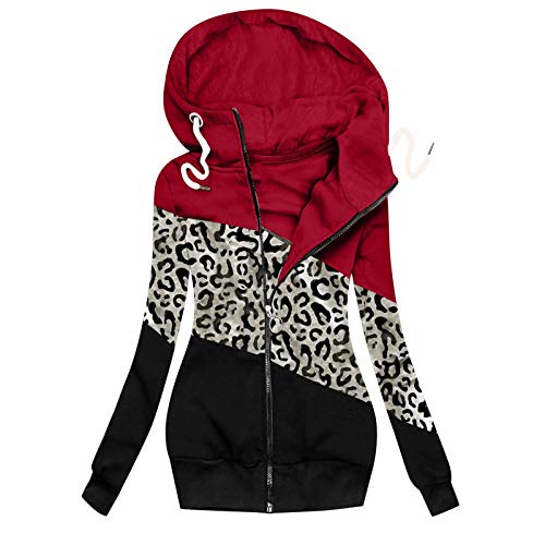 Lazzboy Winterjacke Frauen Winter Leopard Prints Patchwork Jacke Reißverschluss Sweatshirt Langarm Mantel Hoodie Damen Oversize Sweatjacke Hoher Kragen S-3XL (Rot,XL) von Lazzboy Store