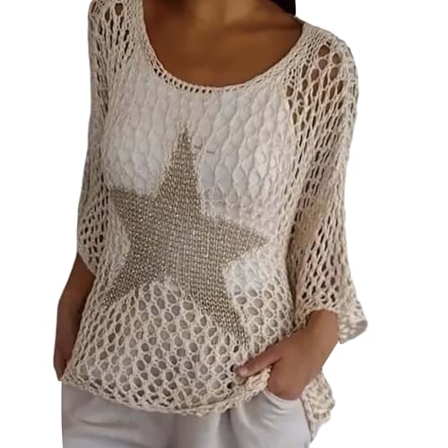 Gestrickte Strandbluse Damen Rundhalsausschnitt Sterndruck Bikini Cover Up Netz Strand Oberteil Langarm Top Sommer Strandkleid Strandponcho Badeanzug Ups Strandtunika (Beige,L) von Lazzboy