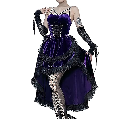 Gothic Kleid Damen Lang Rockabilly Kleider Halloween Kleidung Mittelalter Cocktailkleid A-Linie Retro Ballkleid Bauernkleid Spaghetti Cosplay Party Gothickleid Corsagenkleid Ärmellos (Lila,L) von Lazzboy