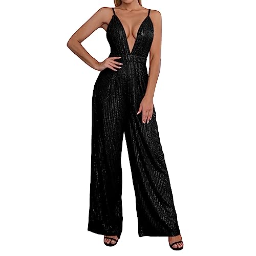 Jumpsuit Damen Overall Mit Pailletten Ärmellos Tiefer V-Ausschnitt Offener Rücken Träger Latzhose Sommer Lang Playsuit Hosen Romper Und Hoher Taille (Schwarz,M) von Lazzboy