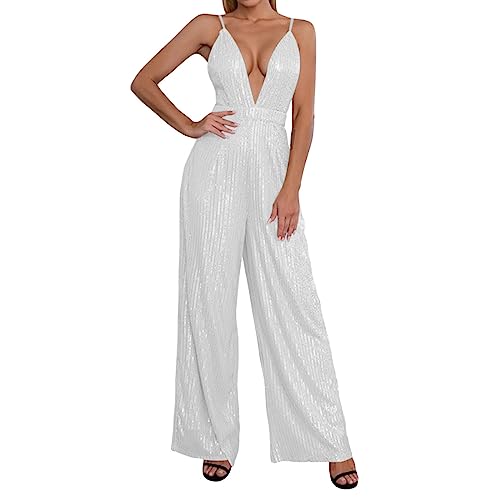 Jumpsuit Damen Overall Mit Pailletten Ärmellos Tiefer V-Ausschnitt Offener Rücken Träger Latzhose Sommer Lang Playsuit Hosen Romper Und Hoher Taille (Weiß,L) von Lazzboy