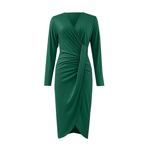 Kleid Damen Festlich V-Ausschnitt Und Taille Schmales Langarmkleid Einfarbig V-Ausschnitt Glitz Cocktailkleid Knoten Abendkleid Elegant Langarm Winter Mit Hohem Schlitz (Grün,L) von Lazzboy