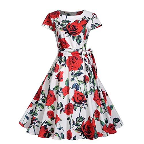 Lazzboy 50er Jahre Kleid Damen Vintage Cocktail Neckholder 1950er Rockabilly Partykleid Audrey Hepburn Cap Sleeves Swing Kleider Schönes Für A-line Midilang (Rot,L) von Lazzboy