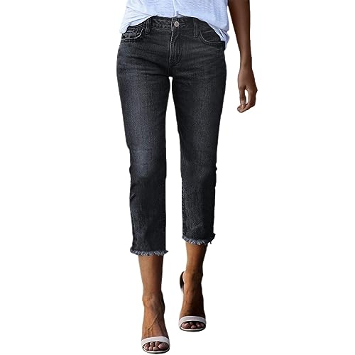 Lazzboy 7/8 Hose Damen Sommer Capri Jeans Jeanshose Mit Taschen Kurze Caprihose High Waist Sommerjeans Skinny Fit Hohe Taille Denim Sommerhose Leicht Jeanshosen Freizeithose (Schwarz,S) von Lazzboy