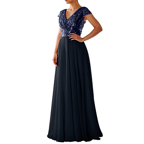 Lazzboy Abendkleider Elegant Für Hochzeit Damen Pailletten Sommer V-Ausschnitt Chiffon Panel Abendkleid Langes Kleid Elegantes Party Brautjungfernkleider Rundhalsausschnitt A-Linie (Dunkelblau,3XL) von Lazzboy