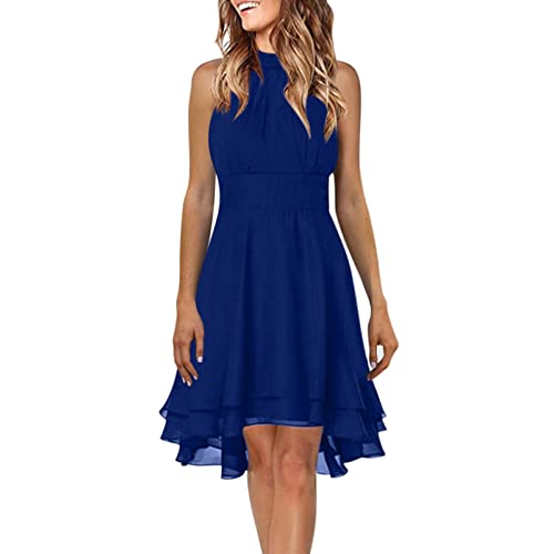 Lazzboy Abendkleider Elegant Für Hochzeit Sommer Casual Solid Neckholder Knopf Chiffon Splice A Line Kleid Damen Sommerkleid ärmellos A-Linie Kleider Knielang Cocktailkleid (Blau,L) von Lazzboy