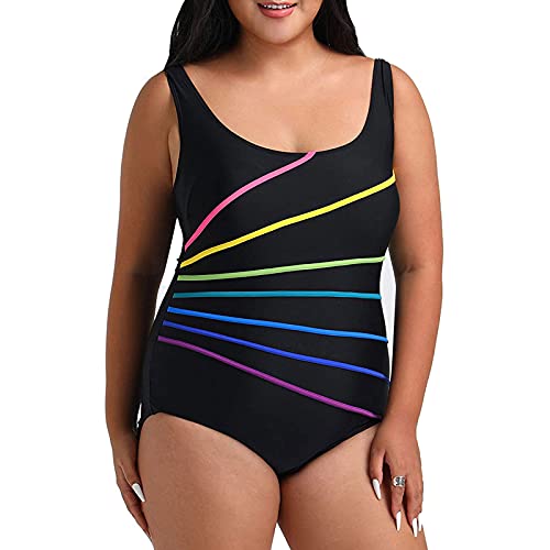 Lazzboy Badeanzüge Für Damen In übergröße Mit Bauchkontrolle Badeanzug Einteiliger Gestreift Beachwear Farbverlauf Konzeptionelle Muster Farbblock Bademode Rückenfrei Oberteile (Schwarz,3XL) von Lazzboy