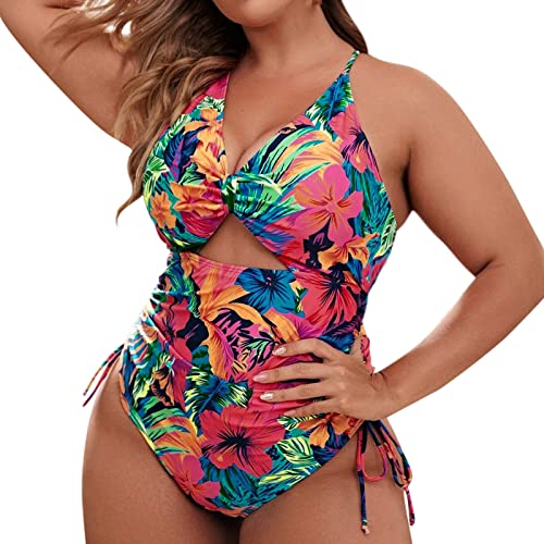 Lazzboy Badeanzug Damen Bauchweg Tie Dye Plus Size Bedruckter Rückenfreier Einteiliger Bademode Push Up Neckholder Swimsuit Rückenfrei Verstellbar Badebekleidung Beachwear (Mehrfarbig,4XL) von Lazzboy