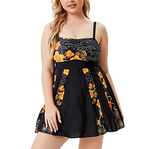 Lazzboy Badekleid Damen Schwimmen Kleid Frauen Blumen Bedruckte Nähte Große Badeanzug Split Bademode Einteilige Badeanzugkleid Retro Ruched Bauchweg Schwimmkleid Baderock Tankini (Schwarz,3XL) von Lazzboy