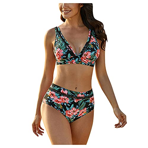 Lazzboy Bikini Damen High Waist Frauen Blumendruck Push Up Zweiteiliger Badeanzug Beachwear Swimwear Set V-Ausschnitt Bikinioberteil Bikinihose Bademode Swimsuits S-2XL (Rot,XXL) von Lazzboy