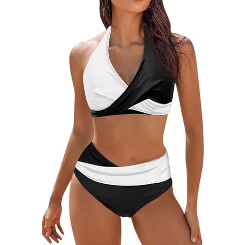 Lazzboy Bikini Damen Set Push Up High Waist Zweiteiliger Badeanzug V Ausschnitt Überkreuztes Streifen Spleißen Bademode Bauchkontrolle Swimsuit Strandbikini Triangel Breites (Weiß,XL) von Lazzboy
