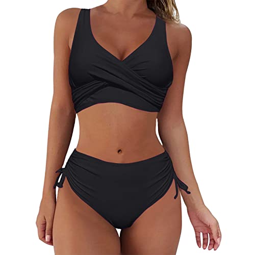 Lazzboy Bikini Damen Set Push Up Wickeloptik Bademode V Ausschnitt Einfarbig Zweiteiliger Badeanzug Swimsuit Cross Back Badeanzüge Twist Front Kordelzug Side Sets (Schwarz,XXL) von Lazzboy