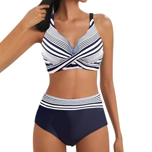 Lazzboy Bikini Damen Set Push Up Zweiteiliger Badeanzug V-Ausschnitt Überkreuztes Streifen Bademode Bauchkontrolle Sets Crossover Bikinioberteil Ruched Bauchweg Große Größen (Dunkelblau,XXL) von Lazzboy