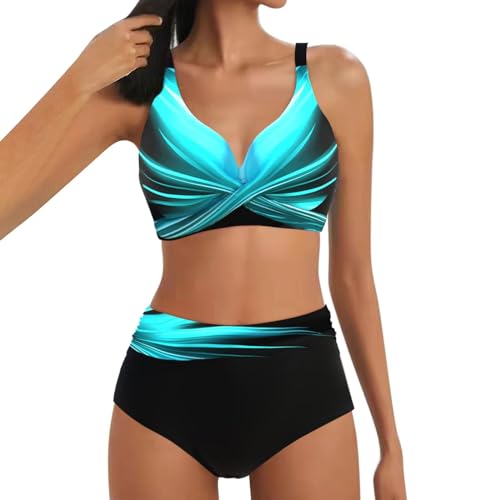 Lazzboy Bikini Damen Set Push Up Zweiteiliger Badeanzug V-Ausschnitt Überkreuztes Streifen Bademode Bauchkontrolle Sets Crossover Bikinioberteil Ruched Bauchweg Große Größen (Himmelblau,L) von Lazzboy
