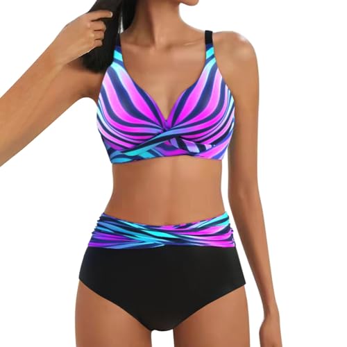 Lazzboy Bikini Damen Set Push Up Zweiteiliger Badeanzug V-Ausschnitt Überkreuztes Streifen Bademode Bauchkontrolle Sets Crossover Bikinioberteil Ruched Bauchweg Große Größen (Lila,L) von Lazzboy