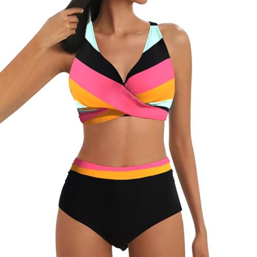 Lazzboy Bikini Damen Set Push Up Zweiteiliger Badeanzug V-Ausschnitt Überkreuztes Streifen Bademode Bauchkontrolle Sets Crossover Bikinioberteil Ruched Bauchweg Große Größen (Rosa,XXL) von Lazzboy