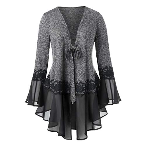 Lazzboy Bluse Frauen Plus Size Raum Tie-dye Flare ärmel Chiffon Verband Cardigan Tops Glocken Verkürzte Mit Spitzenbluse Damen T-Shirt Basic(Grau,XL) von Lazzboy