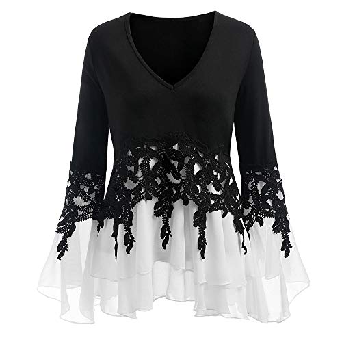 Lazzboy Bluse Frauen Plus Size Raum Tie-dye Flare ärmel Chiffon Verband Cardigan Tops Glocken Verkürzte Mit Spitzenbluse Damen T-Shirt Basic(Schwarz,5XL) von Lazzboy