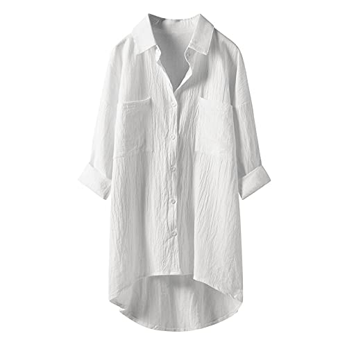 Lazzboy Blusen Damen Langarmshirts Freizeit Leinen Tops Langarm Button Down Shirts Oberteile Hemd Casual Bluse V-Ausschnitt Langarmshirt Tunika Baumwoll-leinenbluse Shirt (Weiß,XL) von Lazzboy